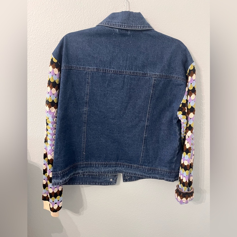 Anthropologie Crochet-Sleeve Denim Jacket in Denim Dark Size S NWT - Picture 4 of 9